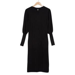 Bobeau Black Knit Midi Sweater Dress Puff Sleeve Winter Work Casual Chic M